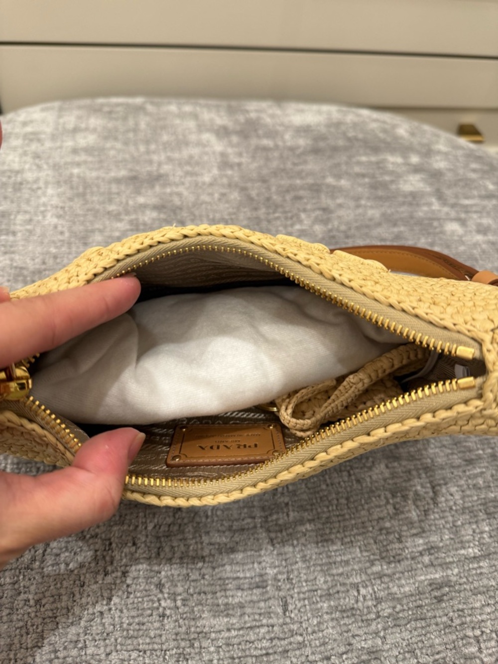 Prada Beige Woven Crochet Shoulder Bag with Brown Leather Strap - Picture 6 of 9